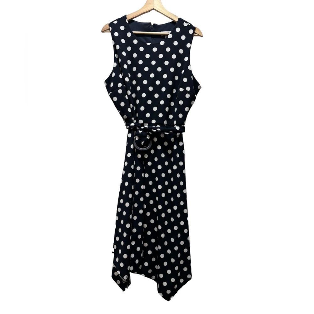 Shelby & Palmer Navy Blue White Polka Dots Midi Dress Matching Belt Size 14